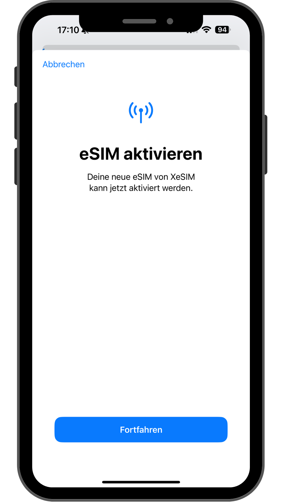 Auf dem Smartphone-Bildschirm wird die Aktivierungsbereitschaft der XeSIM angezeigt, wodurch die schnelle Einrichtung der eSIM für weltweite mobile Konnektivität hervorgehoben wird.