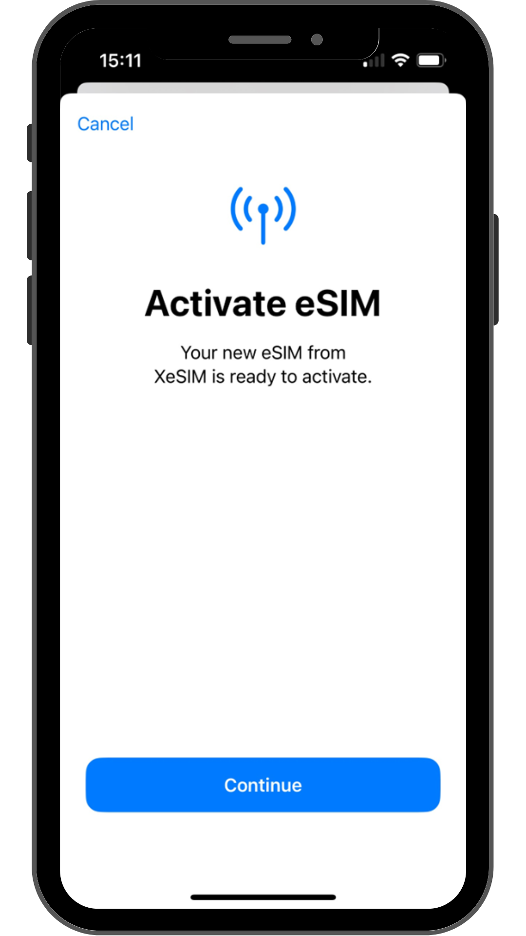 Smartphone screen showing XeSIM ready to activate, highlighting fast eSIM setup for global mobile connectivity.
