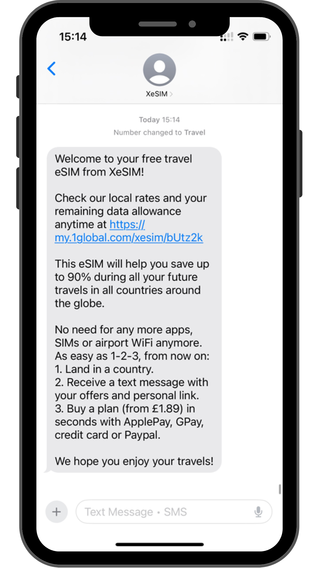 iPhone screen showing XeSIM welcome SMS with link to check local rates and remaining data allowance when traveling.