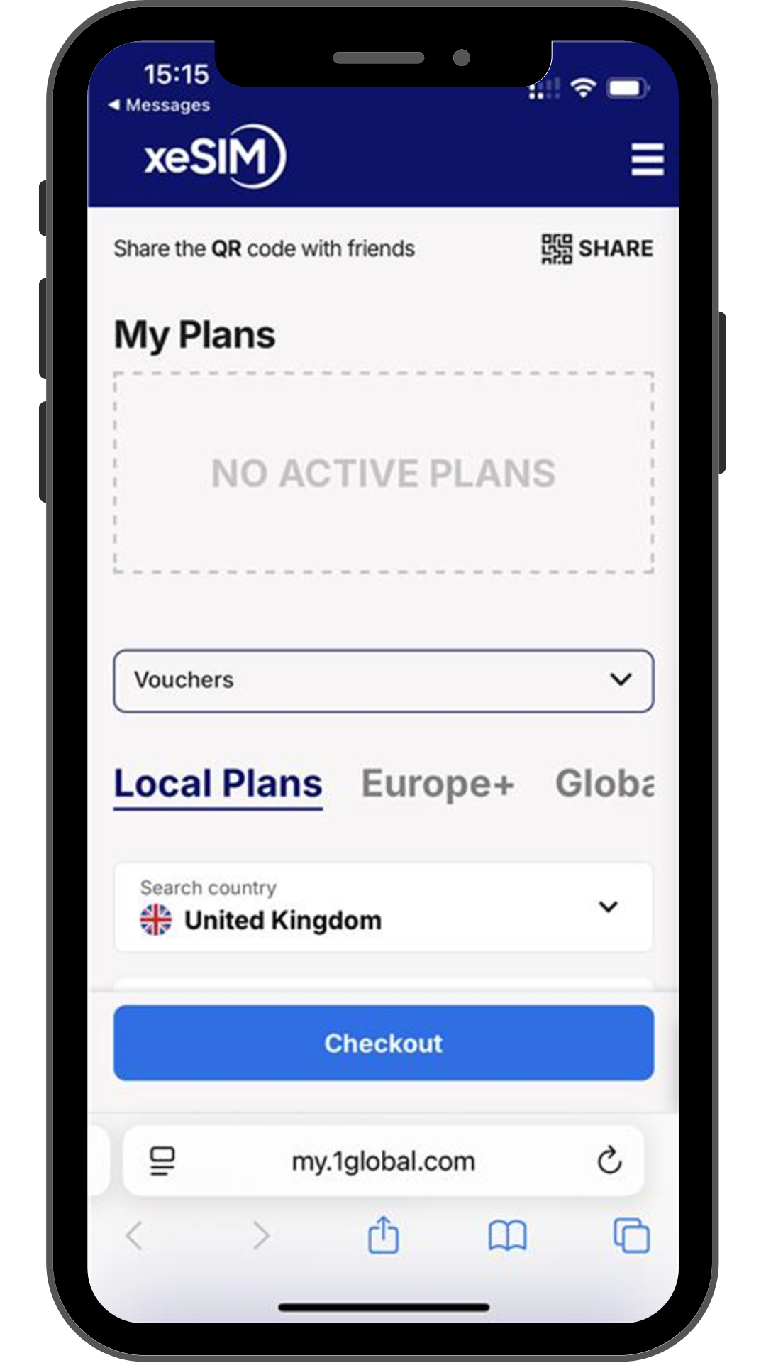 iPhone screen showing XeSIM dashboard with no active plans and tabs for Local, Europe+, and Global travel eSIM options.