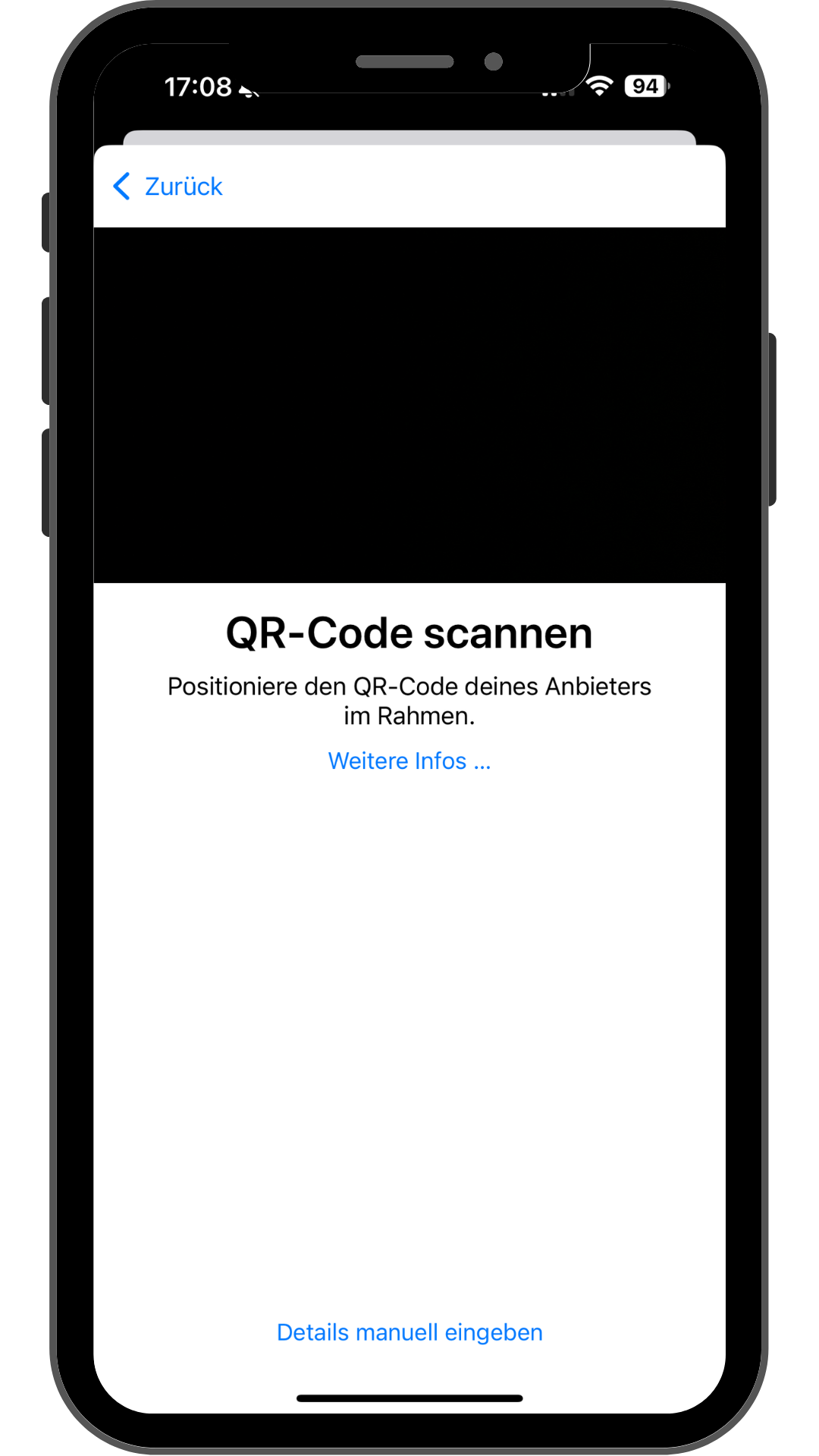 iPhone-Bildschirm mit QR-Code-Scanner für die XeSIM-Einrichtung mit der Option, Details zur eSIM-Aktivierung manuell einzugeben