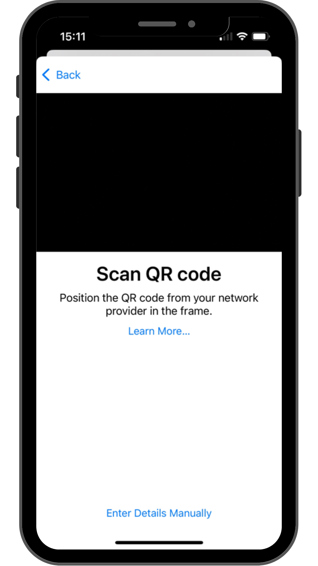 iPhone screen displaying QR code scanner for XeSIM setup with option to enter details manually for eSIM activation