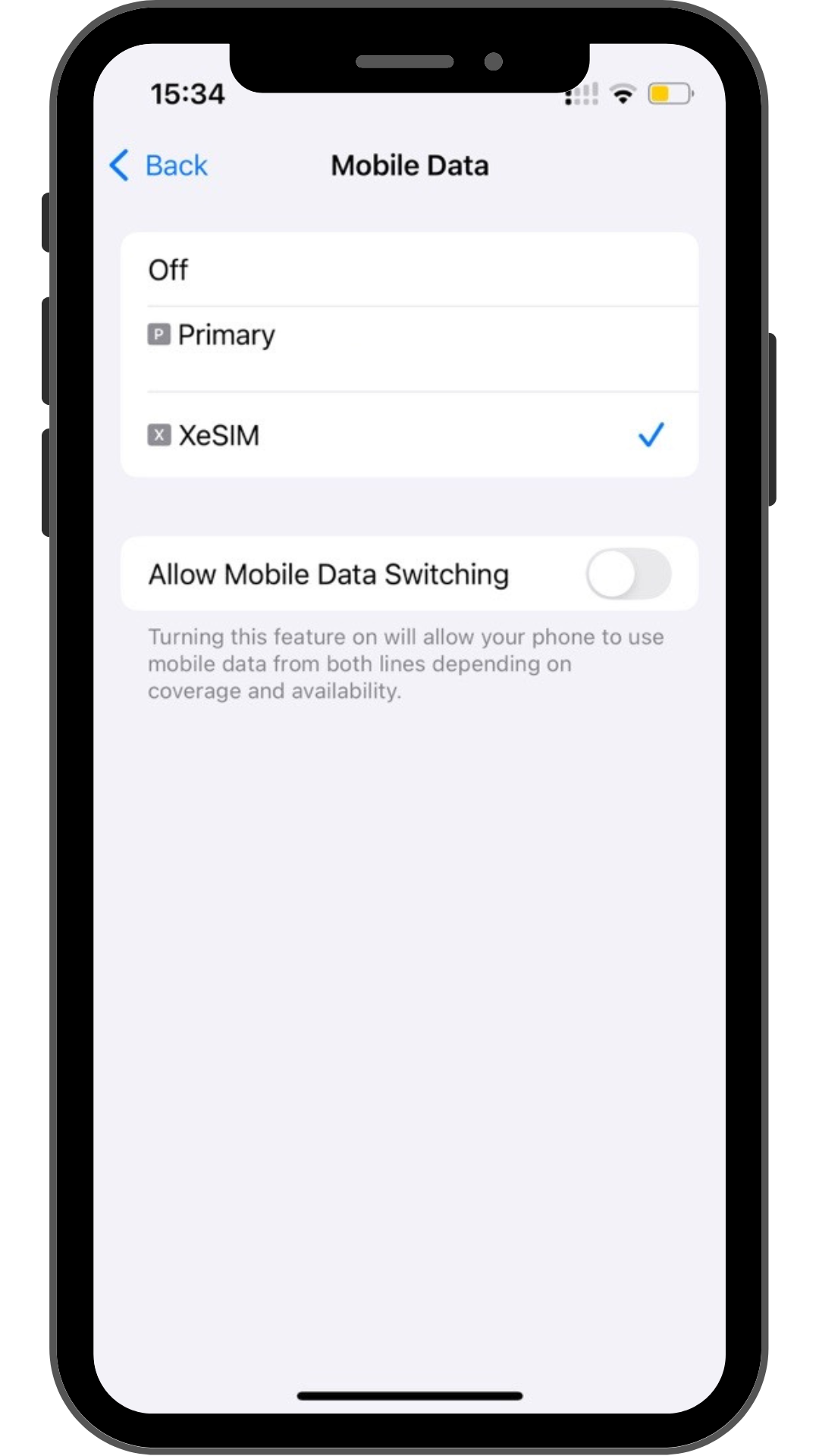 iPhone screen displaying Mobile Data settings with XeSIM selected and data switching option turned off for dual SIM use.
